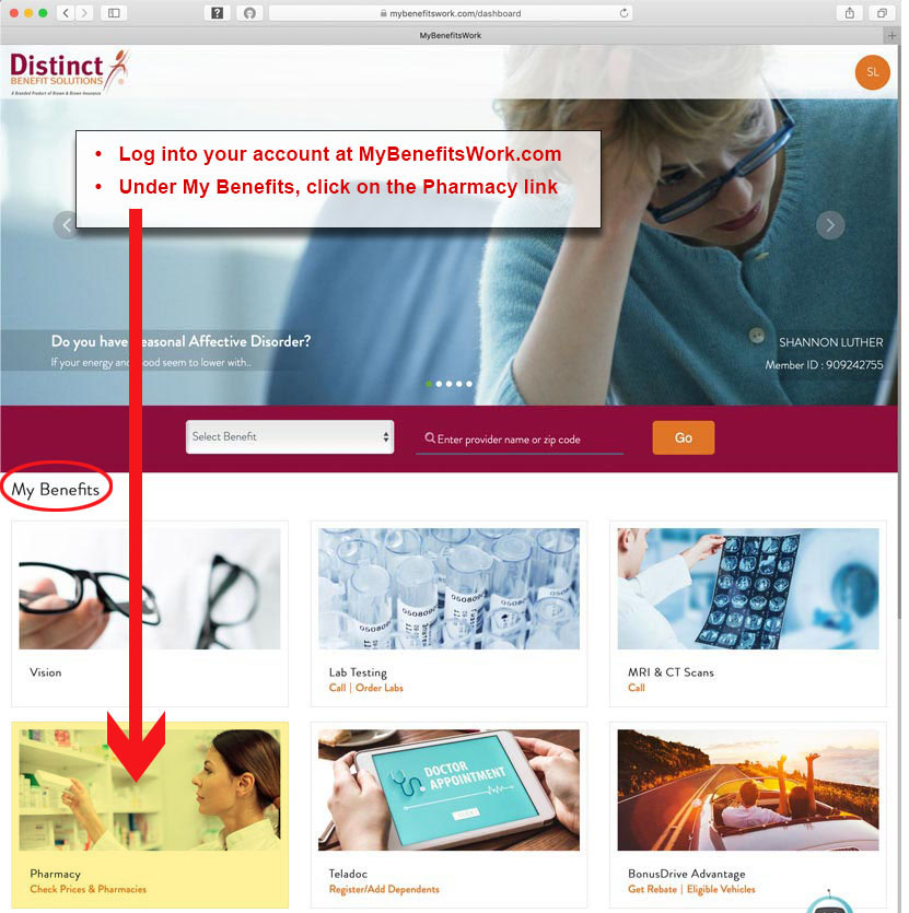 Screenshot of MyBenefitsWork.com home page for pricing sequence information. Log in and click Pharmacy link.