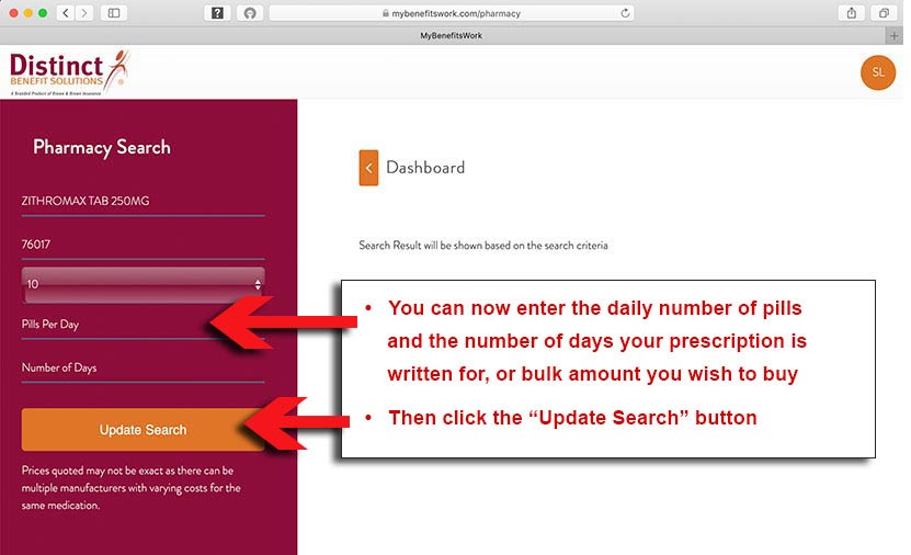 Pricing sequence info part 4 of 6. Enter quantity of pills and days of prescription and click "update search" button.